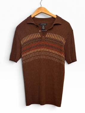 Vintage Y2K Kenneth Cole Brown Geometric Knit Polo Shirt Small Made in Hong Kong